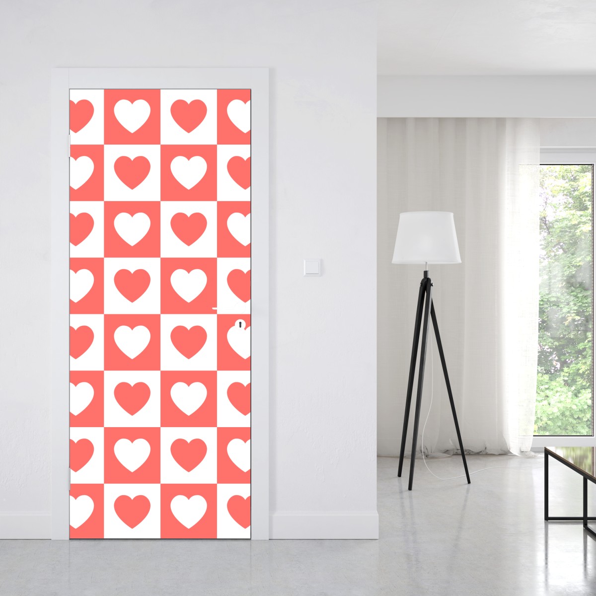 Naklejka na drzwi różowy wzór serc w szachownicy – Wallissimo® Naklejka na drzwi różowy wzór serc w szachownicy – Wallissimo®