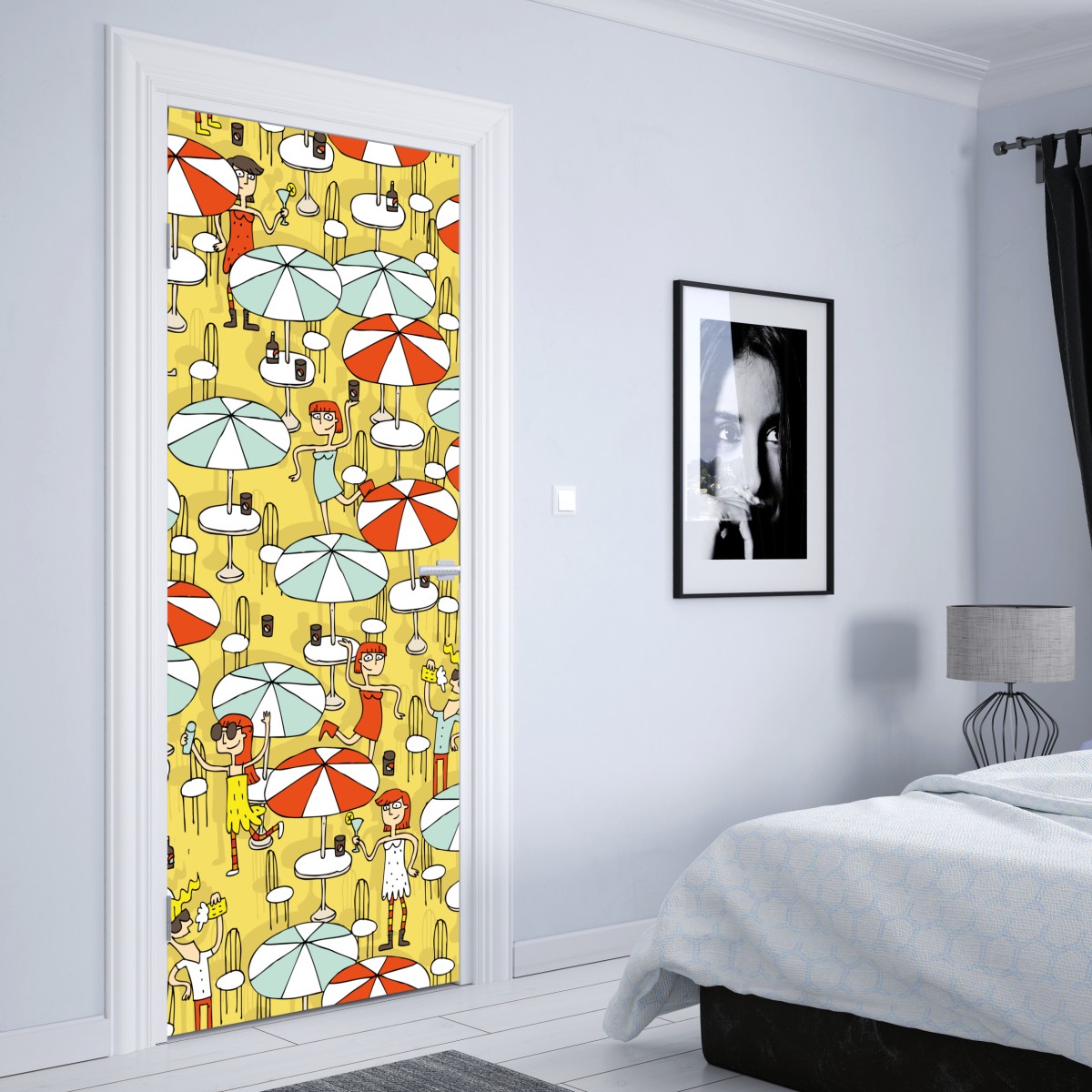 Naklejka na drzwi słoneczny wzór z parasolami plażowymi – Wallissimo® Naklejka na drzwi słoneczny wzór z parasolami plażowymi – Wallissimo®