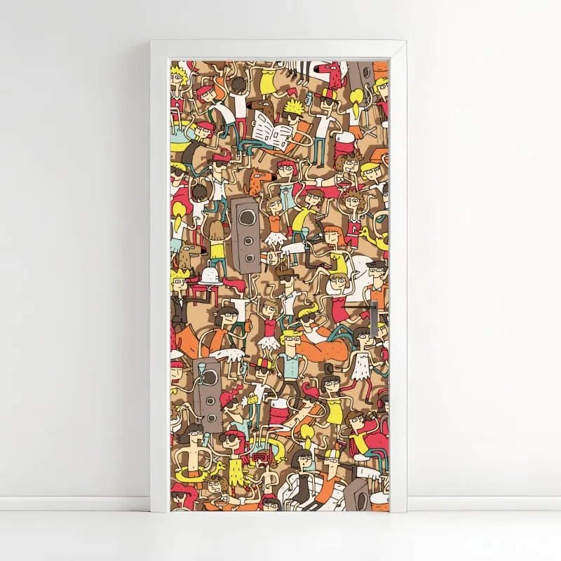 Naklejka na drzwi zabawny wzór tłumu na imprezie