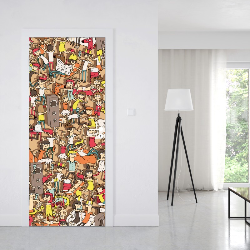 Naklejka na drzwi zabawny wzór tłumu na imprezie