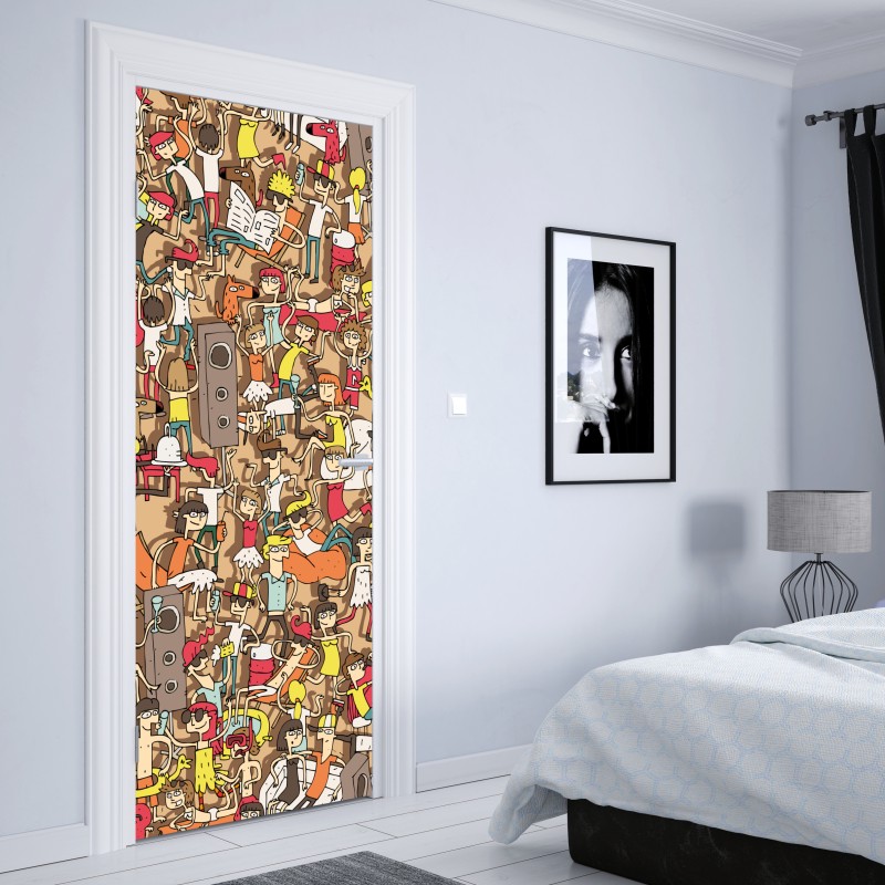 Naklejka na drzwi zabawny wzór tłumu na imprezie – Wallissimo® Naklejka na drzwi zabawny wzór tłumu na imprezie – Wallissimo®