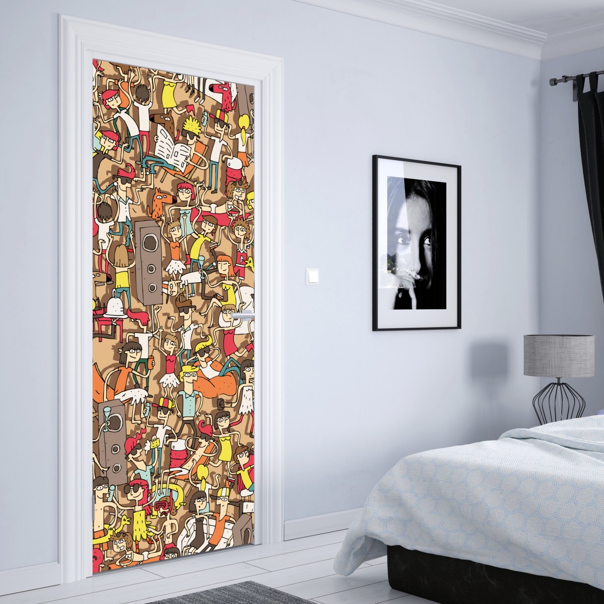 Naklejka na drzwi zabawny wzór tłumu na imprezie – Wallissimo® Naklejka na drzwi zabawny wzór tłumu na imprezie – Wallissimo®