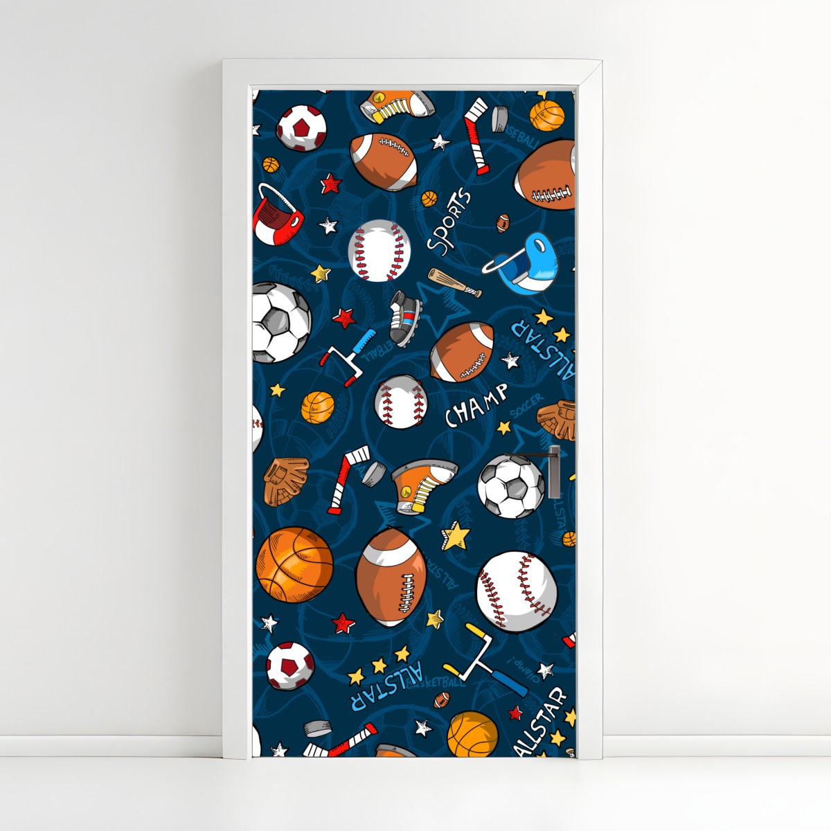 Door sticker playful sports pattern on navy background