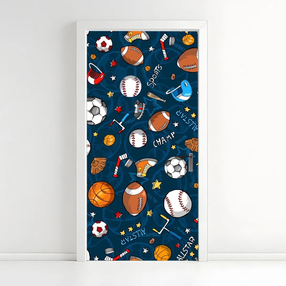 Naklejka na drzwi zabawny wzór sportowy na granatowym tle – Wallissimo® Naklejka na drzwi zabawny wzór sportowy na granatowym tle – Wallissimo®