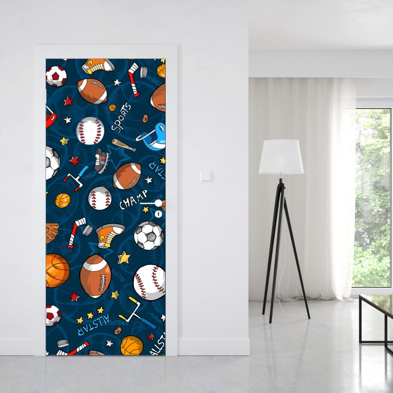 Naklejka na drzwi zabawny wzór sportowy na granatowym tle – Wallissimo® Naklejka na drzwi zabawny wzór sportowy na granatowym tle – Wallissimo®