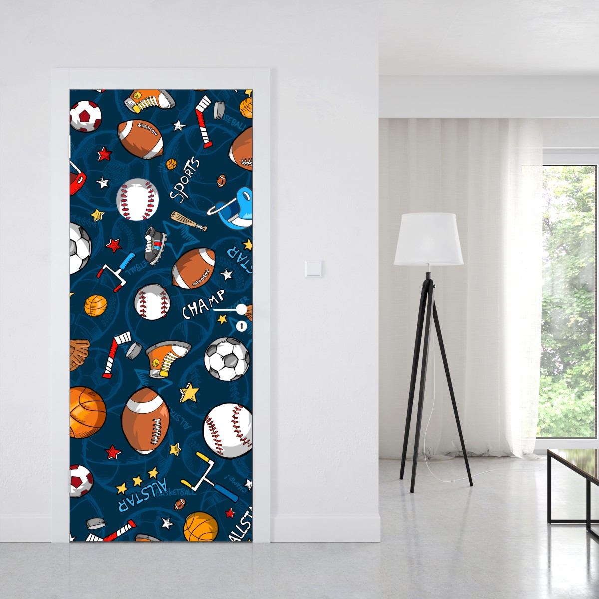 Naklejka na drzwi zabawny wzór sportowy na granatowym tle – Wallissimo® Naklejka na drzwi zabawny wzór sportowy na granatowym tle – Wallissimo®