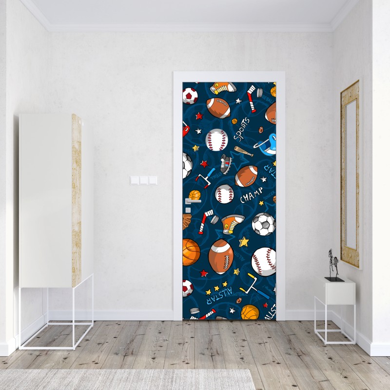 Naklejka na drzwi zabawny wzór sportowy na granatowym tle – Wallissimo® Naklejka na drzwi zabawny wzór sportowy na granatowym tle – Wallissimo®