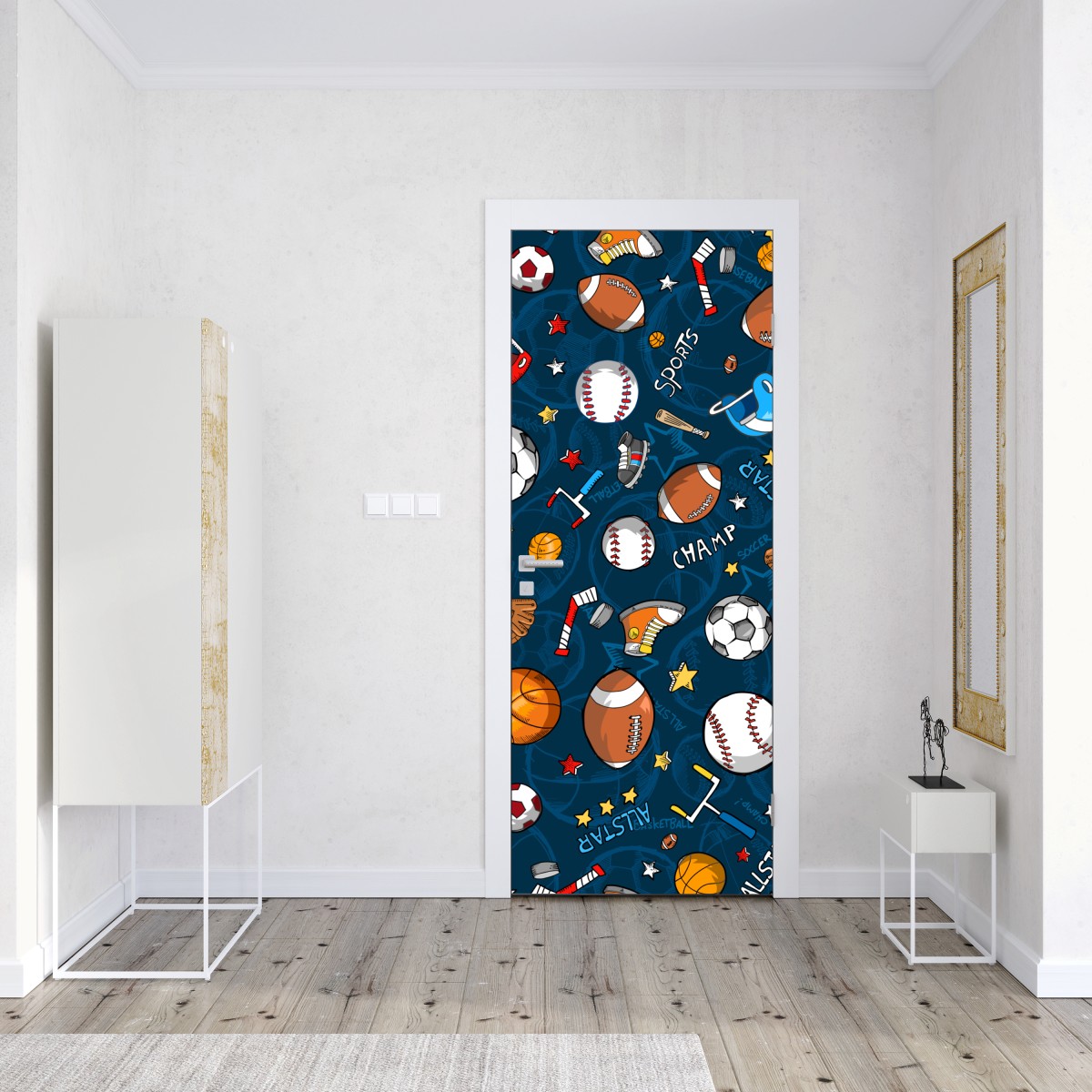 Naklejka na drzwi zabawny wzór sportowy na granatowym tle – Wallissimo® Naklejka na drzwi zabawny wzór sportowy na granatowym tle – Wallissimo®