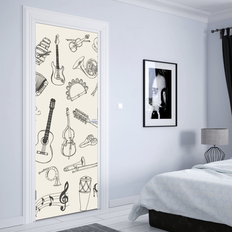 Naklejka na drzwi ręcznie rysowane instrumenty muzyczne kolaż – Wallissimo® Naklejka na drzwi ręcznie rysowane instrumenty muzyczne kolaż – Wallissimo®