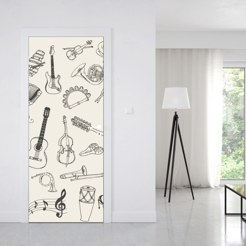 Naklejka na drzwi ręcznie rysowane instrumenty muzyczne kolaż – Wallissimo® Naklejka na drzwi ręcznie rysowane instrumenty muzyczne kolaż – Wallissimo®