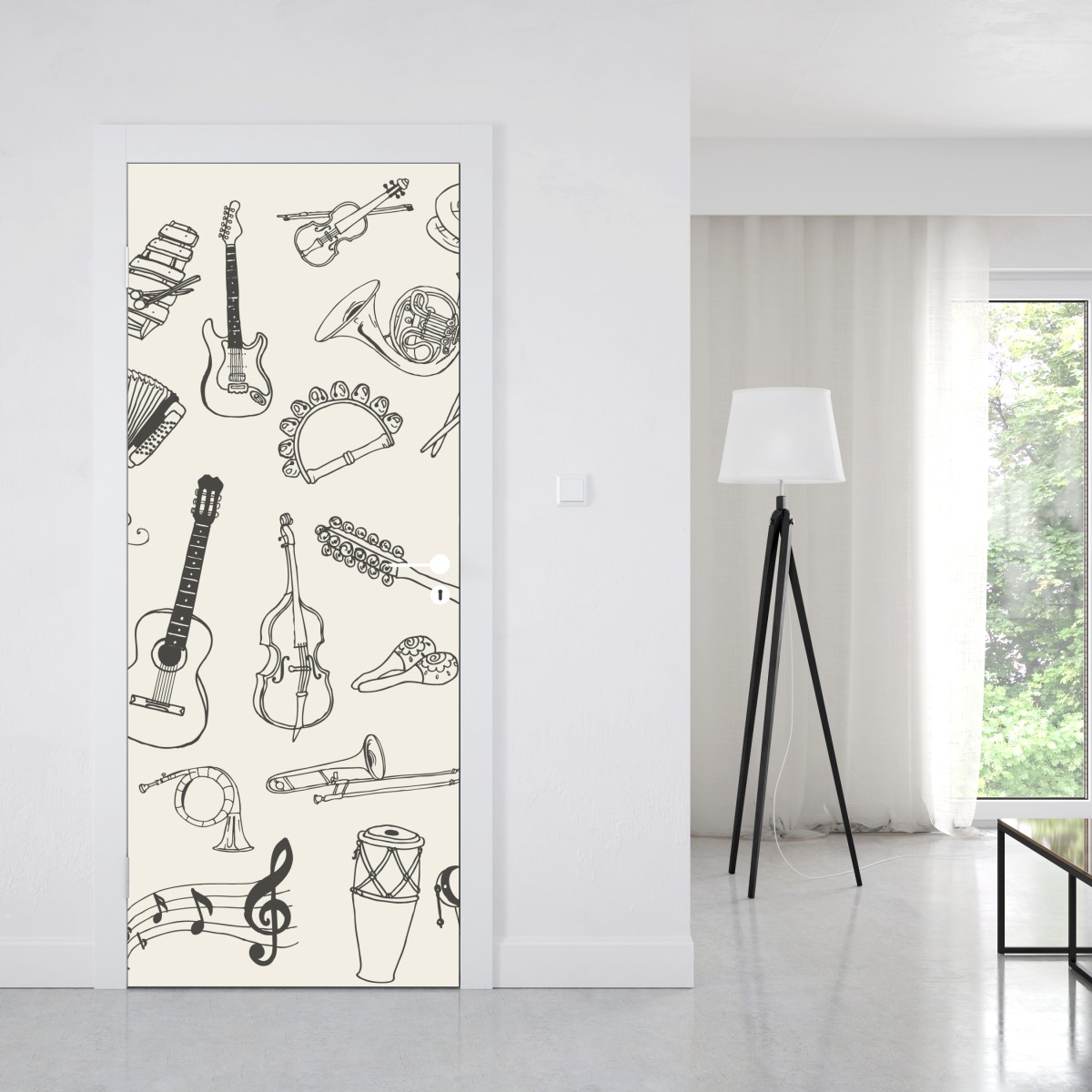 Naklejka na drzwi ręcznie rysowane instrumenty muzyczne kolaż – Wallissimo® Naklejka na drzwi ręcznie rysowane instrumenty muzyczne kolaż – Wallissimo®