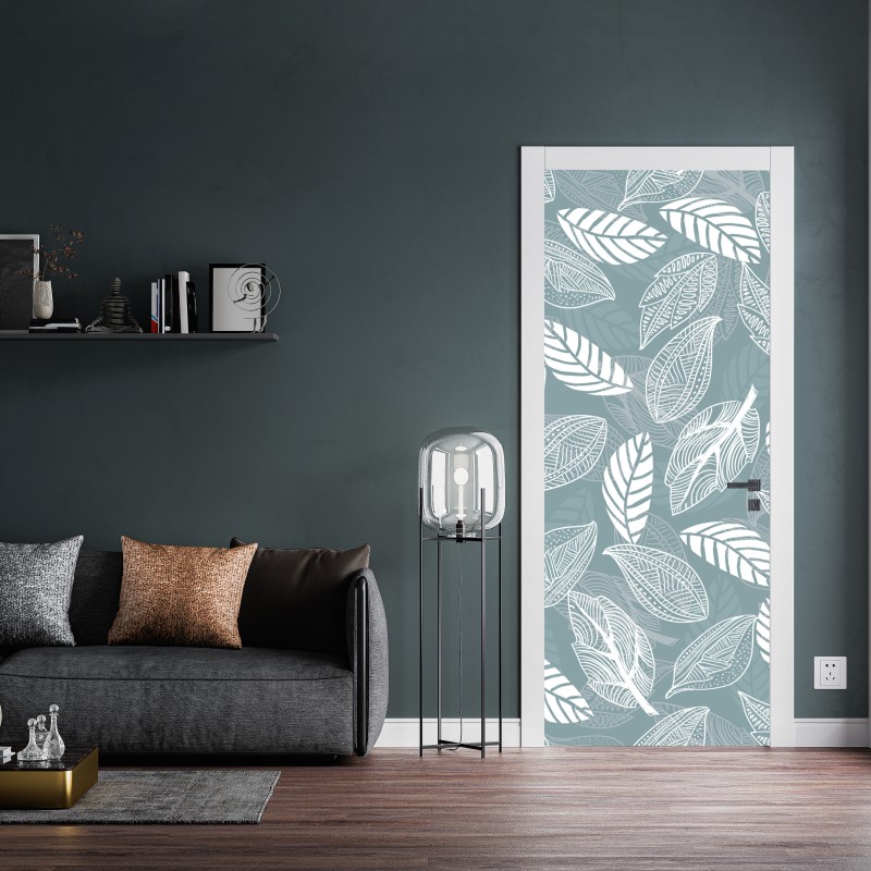 Naklejka na drzwi ręcznie rysowany wzór liści na miętowym tle – Wallissimo® Naklejka na drzwi ręcznie rysowany wzór liści na miętowym tle – Wallissimo®