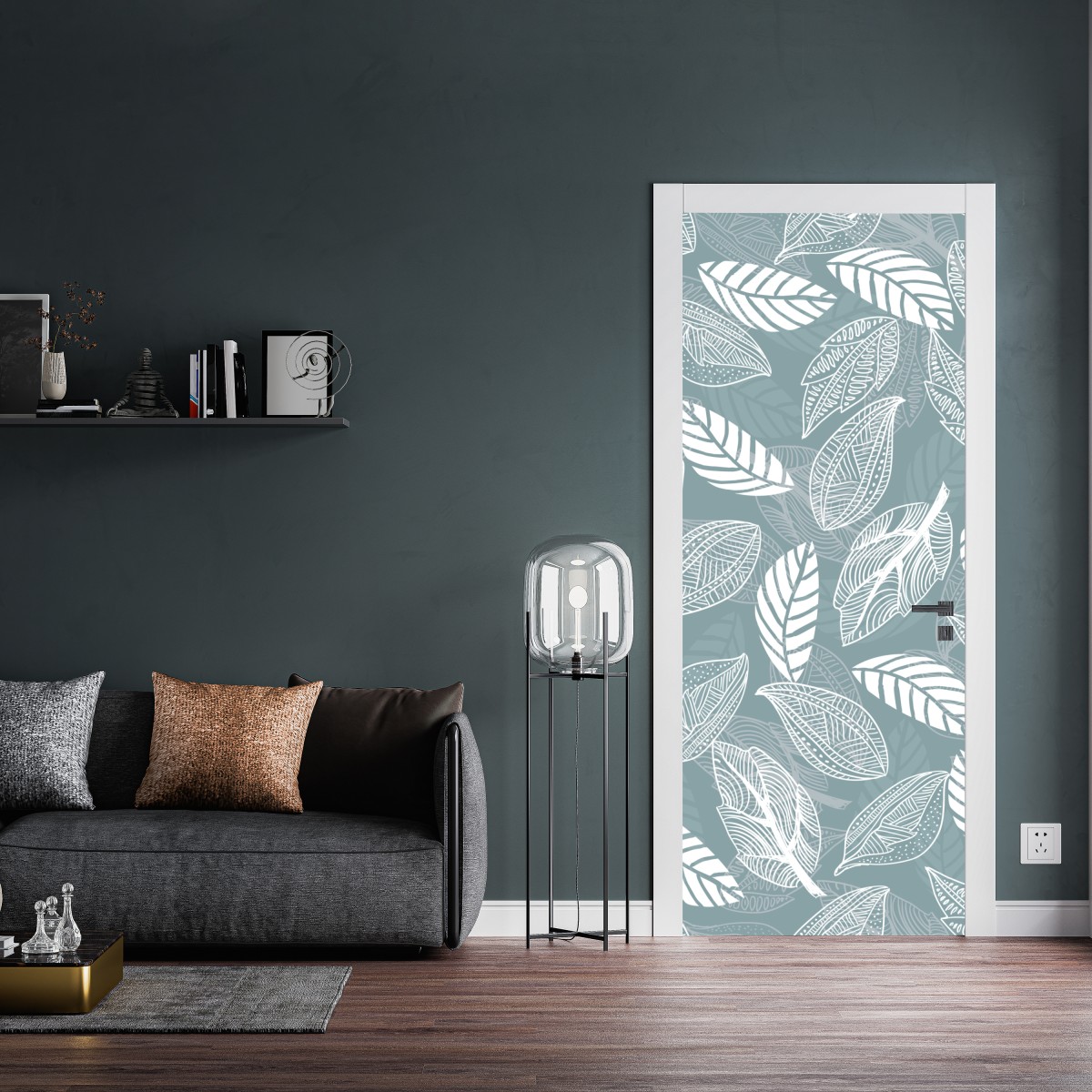Naklejka na drzwi ręcznie rysowany wzór liści na miętowym tle – Wallissimo® Naklejka na drzwi ręcznie rysowany wzór liści na miętowym tle – Wallissimo®