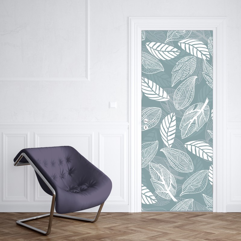 Naklejka na drzwi ręcznie rysowany wzór liści na miętowym tle – Wallissimo® Naklejka na drzwi ręcznie rysowany wzór liści na miętowym tle – Wallissimo®