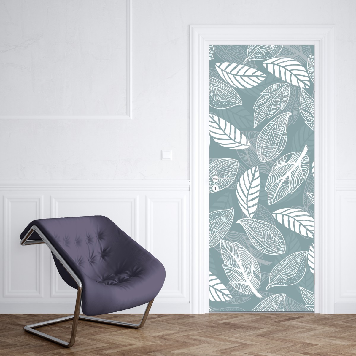 Naklejka na drzwi ręcznie rysowany wzór liści na miętowym tle – Wallissimo® Naklejka na drzwi ręcznie rysowany wzór liści na miętowym tle – Wallissimo®