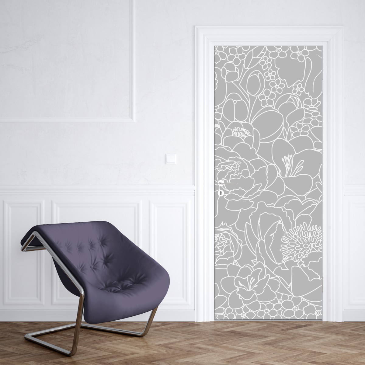 Naklejka na drzwi subtelny szary wzór kwiatowy w konturze – Wallissimo® Naklejka na drzwi subtelny szary wzór kwiatowy w konturze – Wallissimo®