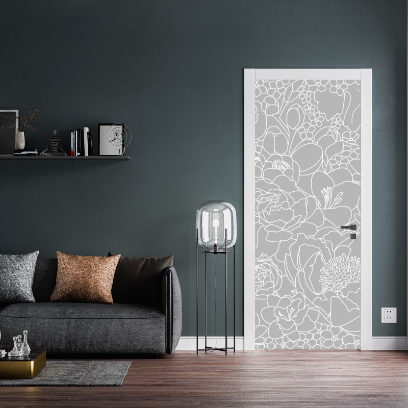 Naklejka na drzwi subtelny szary wzór kwiatowy w konturze – Wallissimo® Naklejka na drzwi subtelny szary wzór kwiatowy w konturze – Wallissimo®