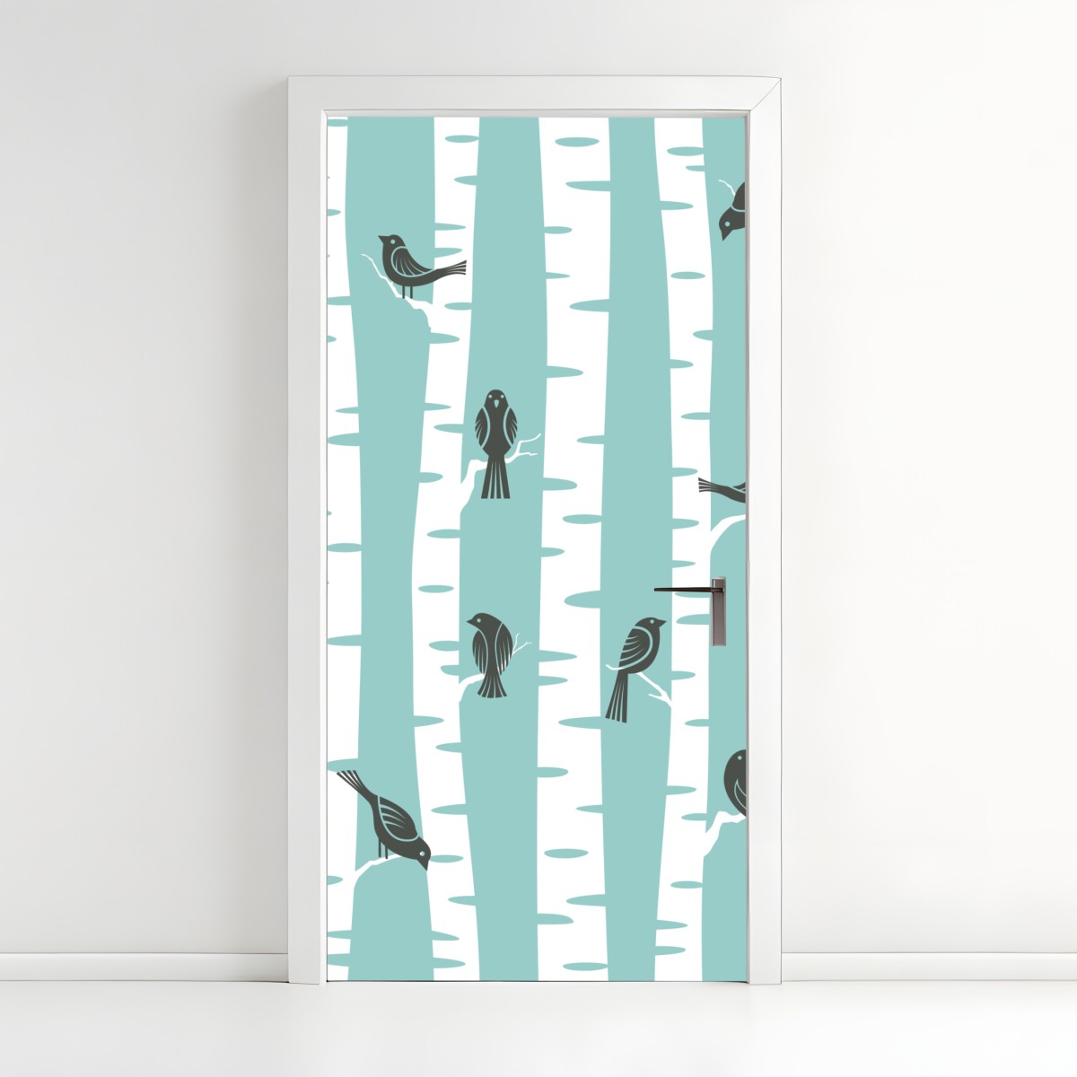 Door sticker turquoise birch forest with birds