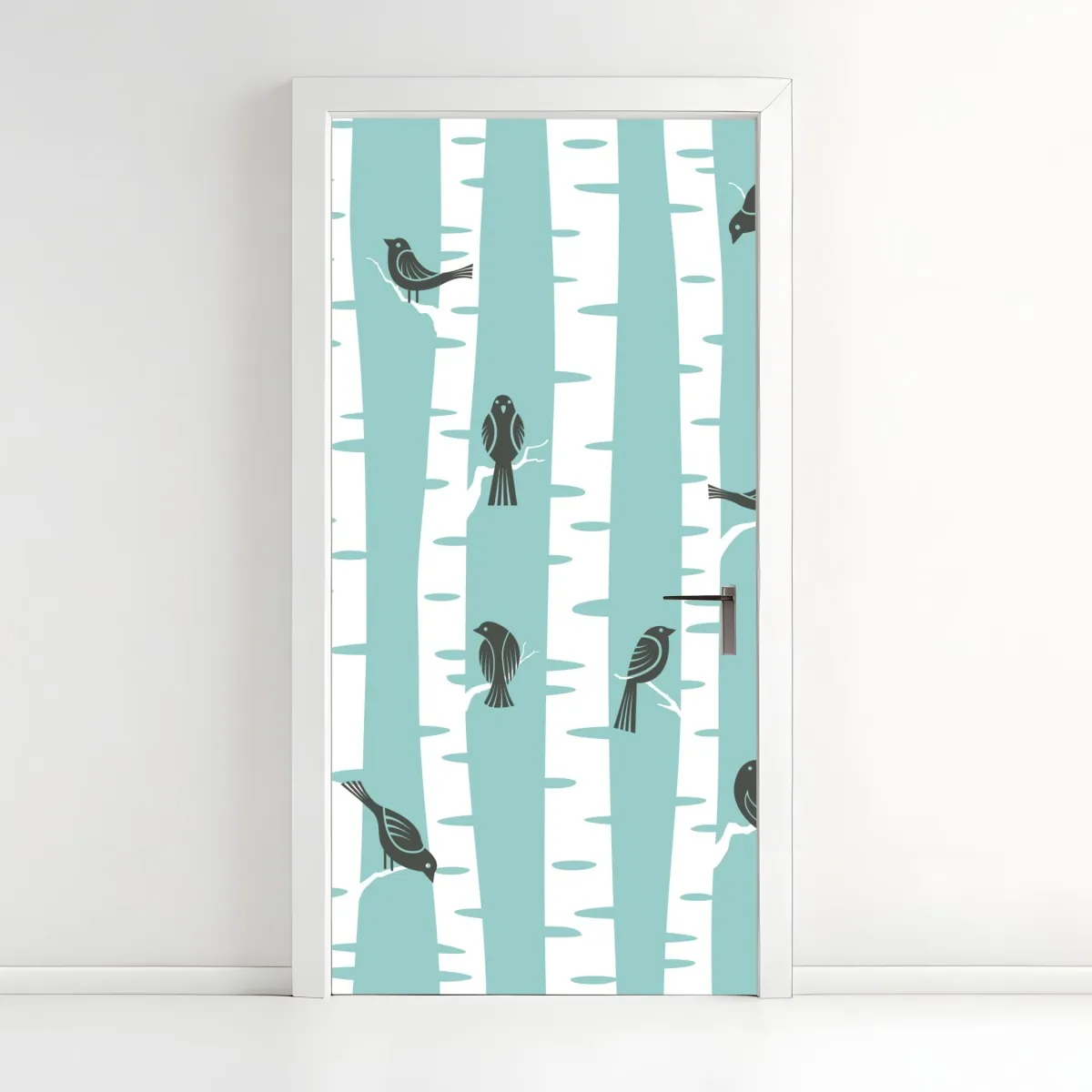 Naklejka na drzwi turkusowy las brzóz z ptakami – Wallissimo® Naklejka na drzwi turkusowy las brzóz z ptakami – Wallissimo®