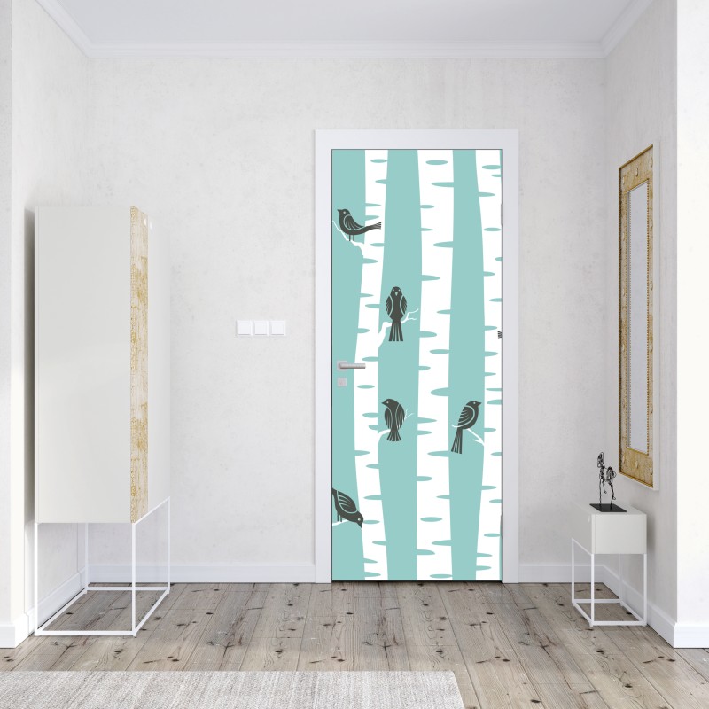 Naklejka na drzwi turkusowy las brzóz z ptakami – Wallissimo® Naklejka na drzwi turkusowy las brzóz z ptakami – Wallissimo®