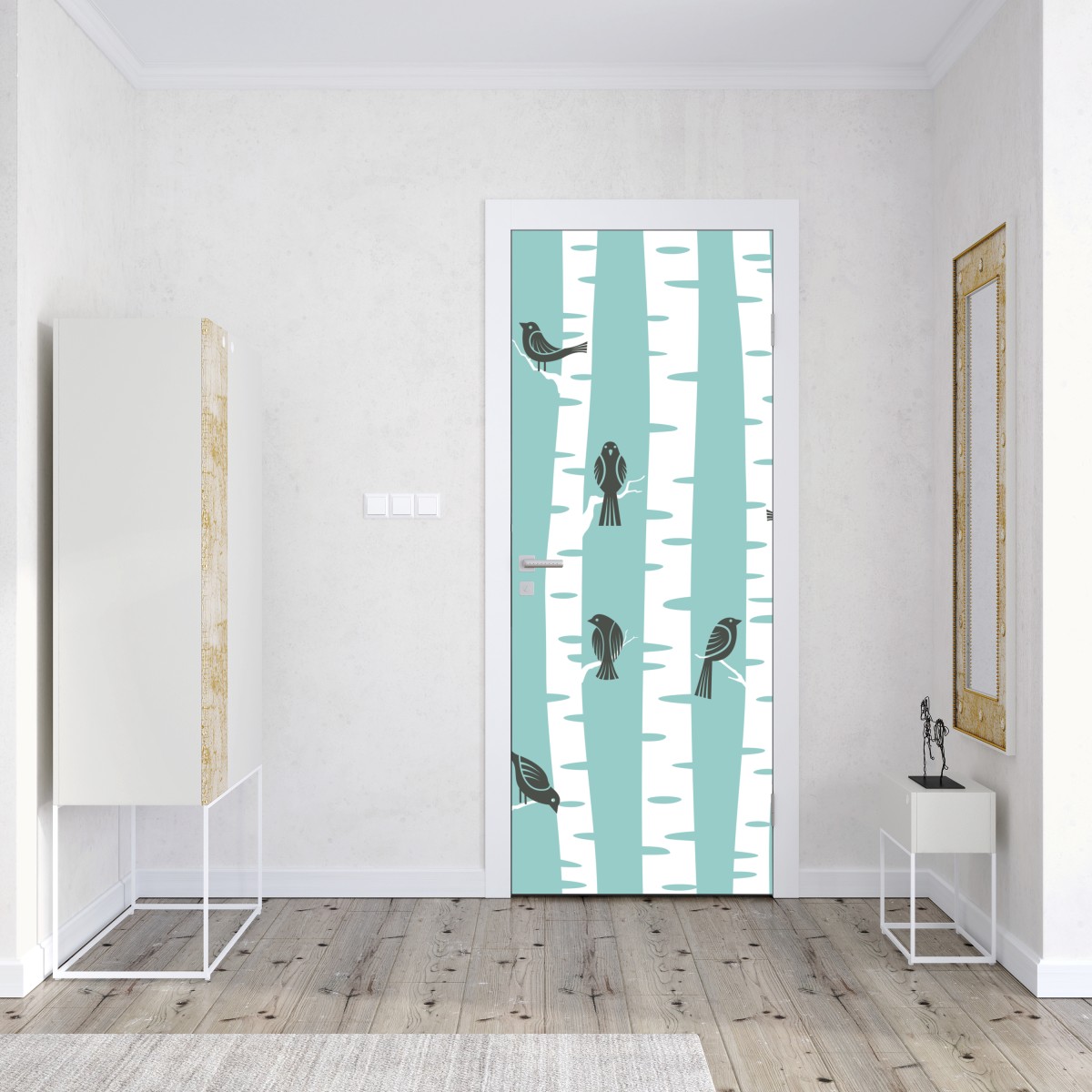 Naklejka na drzwi turkusowy las brzóz z ptakami – Wallissimo® Naklejka na drzwi turkusowy las brzóz z ptakami – Wallissimo®