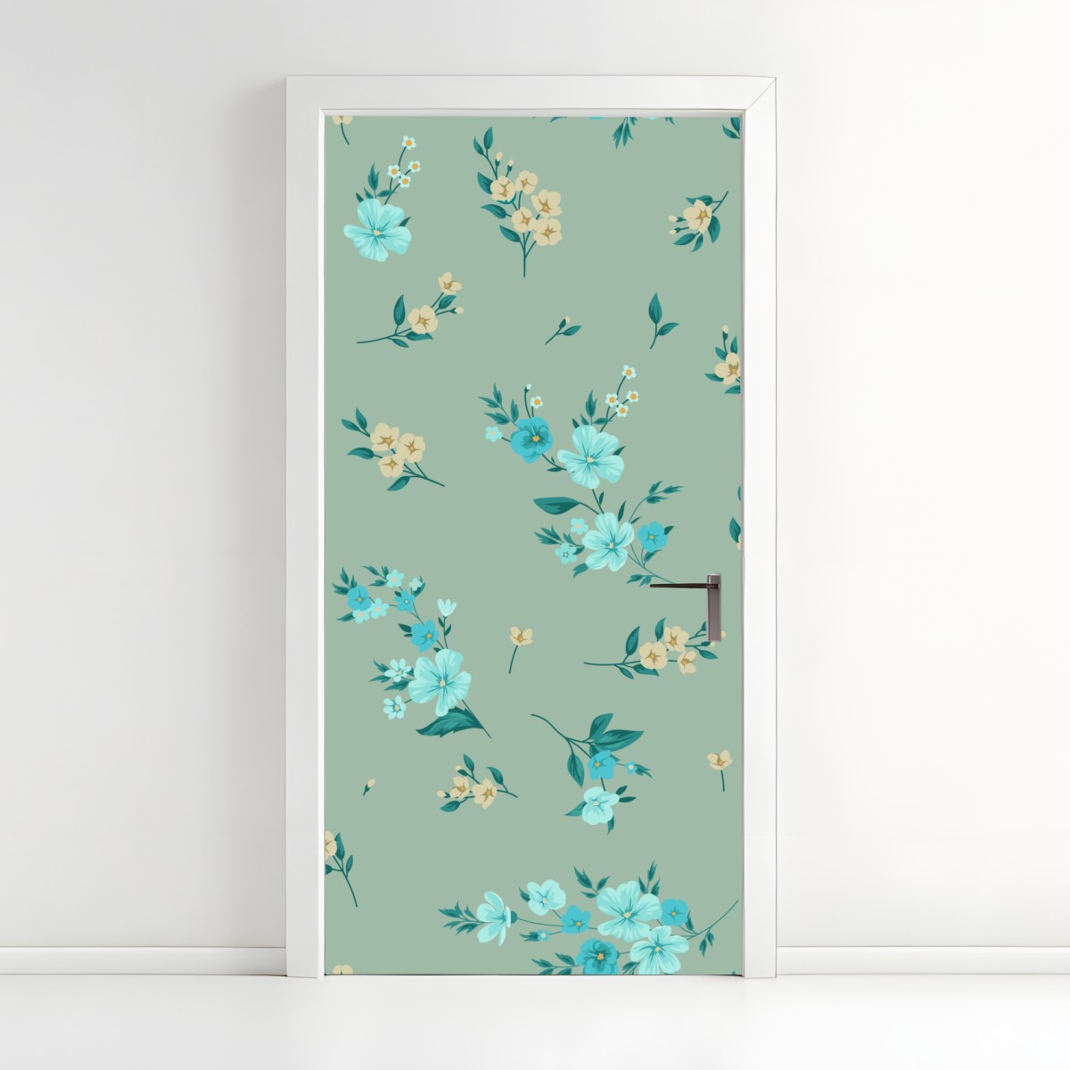Door sticker turquoise floral pattern on sage background
