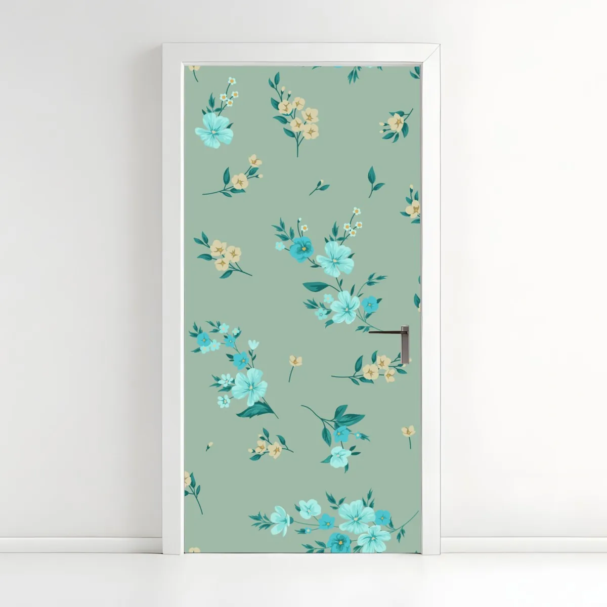 Naklejka na drzwi pastelowy turkusowy wzór kwiatowy na miętowym tle – Wallissimo® Naklejka na drzwi pastelowy turkusowy wzór kwiatowy na miętowym tle – Wallissimo®