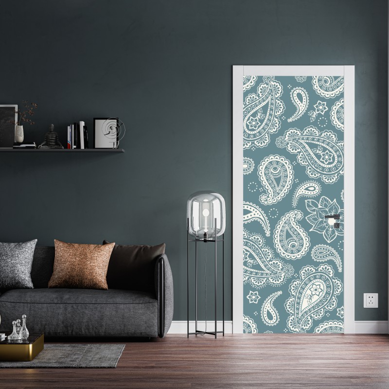Naklejka na drzwi morski wzór paisley z kwiatowymi motywami – Wallissimo® Naklejka na drzwi morski wzór paisley z kwiatowymi motywami – Wallissimo®