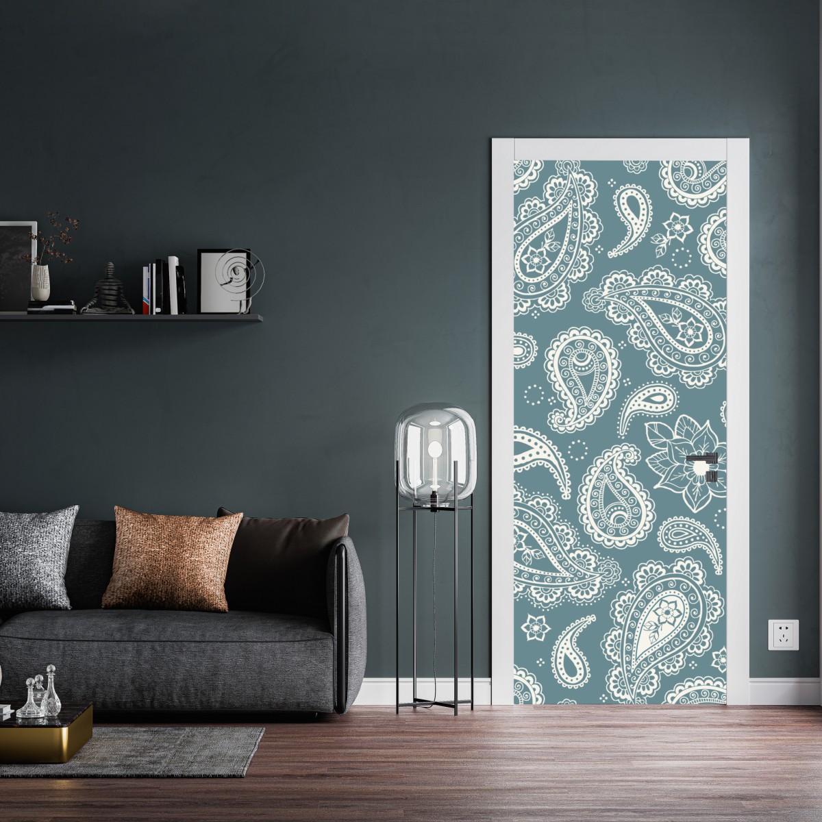 Naklejka na drzwi morski wzór paisley z kwiatowymi motywami – Wallissimo® Naklejka na drzwi morski wzór paisley z kwiatowymi motywami – Wallissimo®