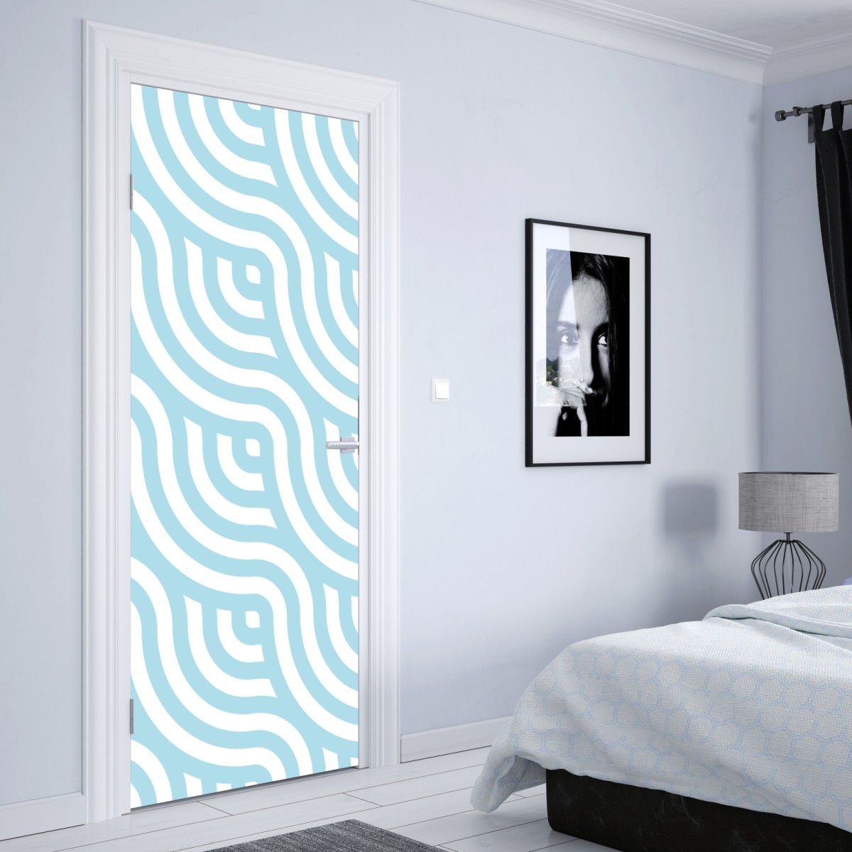 Naklejka na drzwi miękki turkusowy geometryczny wzór fal – Wallissimo® Naklejka na drzwi miękki turkusowy geometryczny wzór fal – Wallissimo®