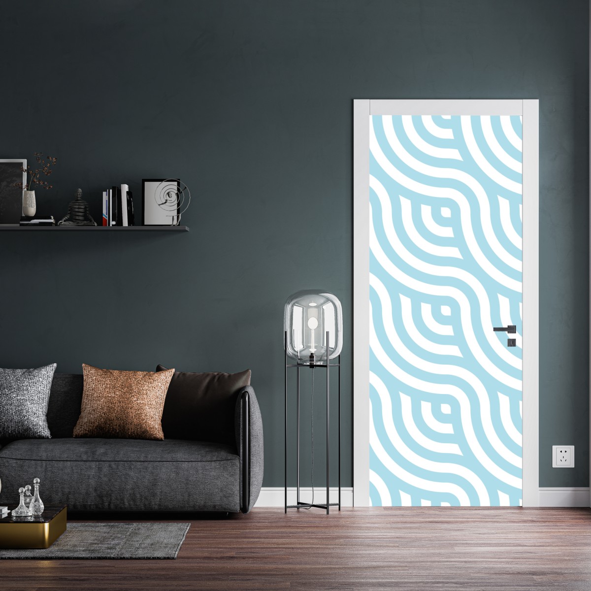 Naklejka na drzwi miękki turkusowy geometryczny wzór fal – Wallissimo® Naklejka na drzwi miękki turkusowy geometryczny wzór fal – Wallissimo®