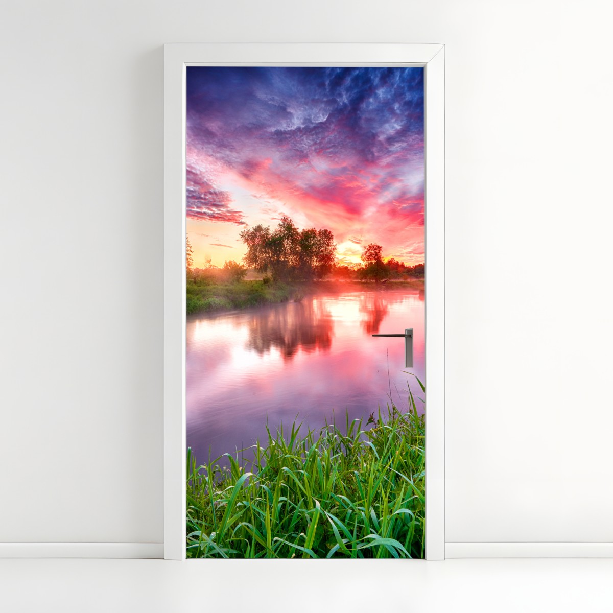 Door sticker serene summer sunrise over river banks