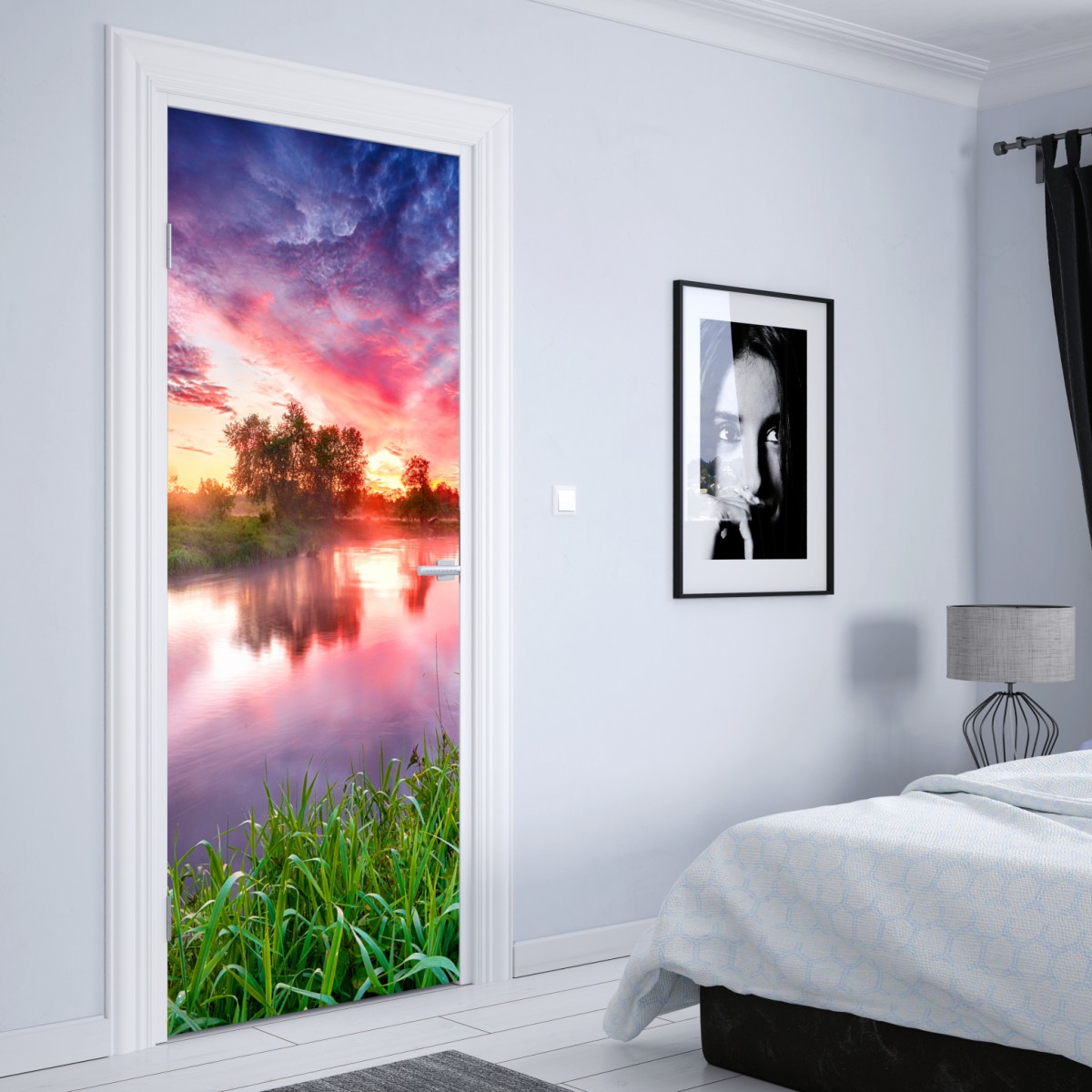 Naklejka na drzwi spokojny letni wschód słońca nad brzegiem rzeki – Wallissimo® Naklejka na drzwi spokojny letni wschód słońca nad brzegiem rzeki – Wallissimo®