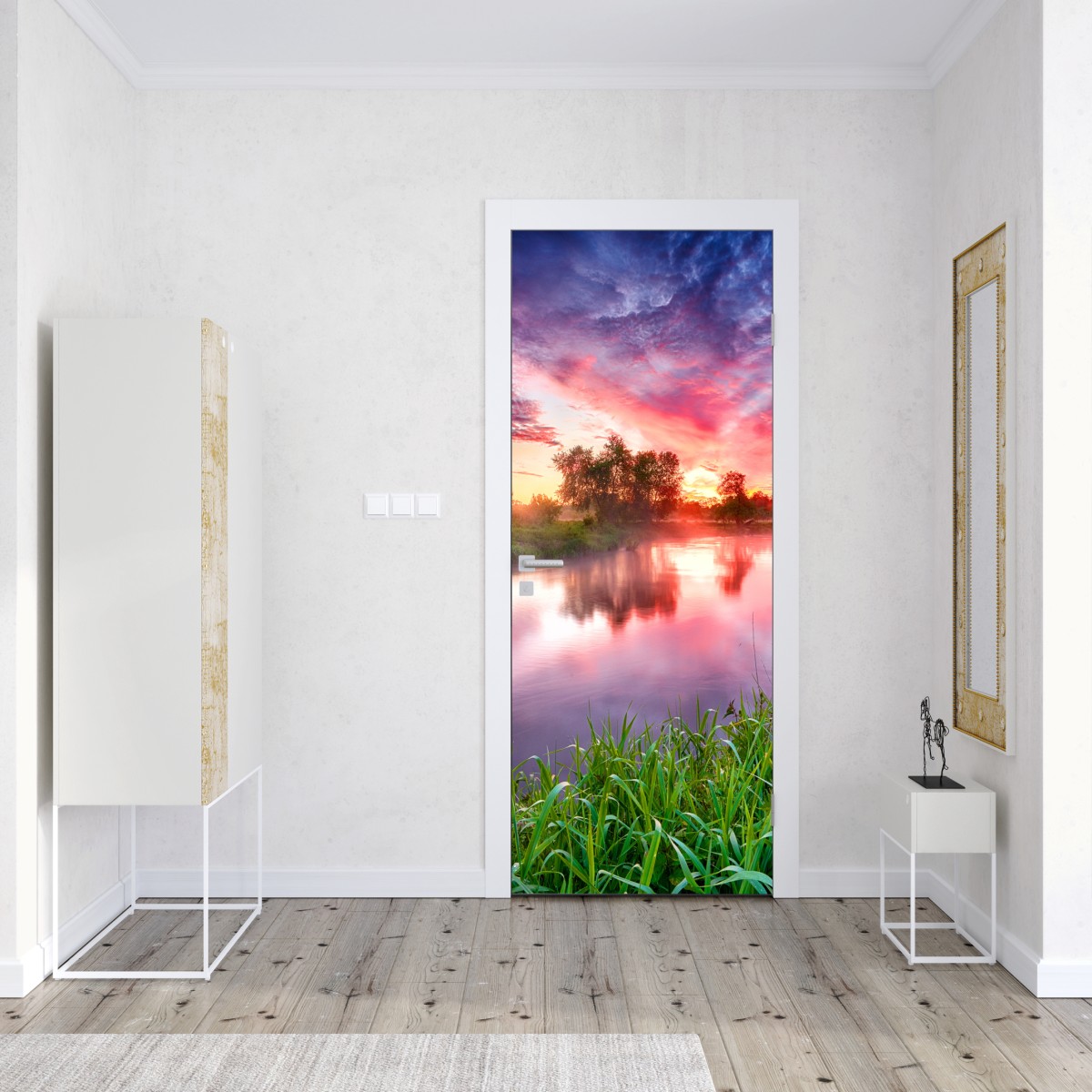 Naklejka na drzwi spokojny letni wschód słońca nad brzegiem rzeki – Wallissimo® Naklejka na drzwi spokojny letni wschód słońca nad brzegiem rzeki – Wallissimo®