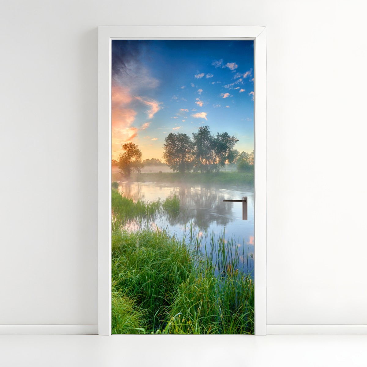 Door sticker sunrise mist over riverbanks