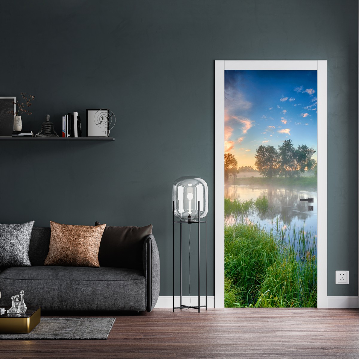 Naklejka na drzwi mgła o świcie nad brzegiem rzeki – Wallissimo® Naklejka na drzwi mgła o świcie nad brzegiem rzeki – Wallissimo®