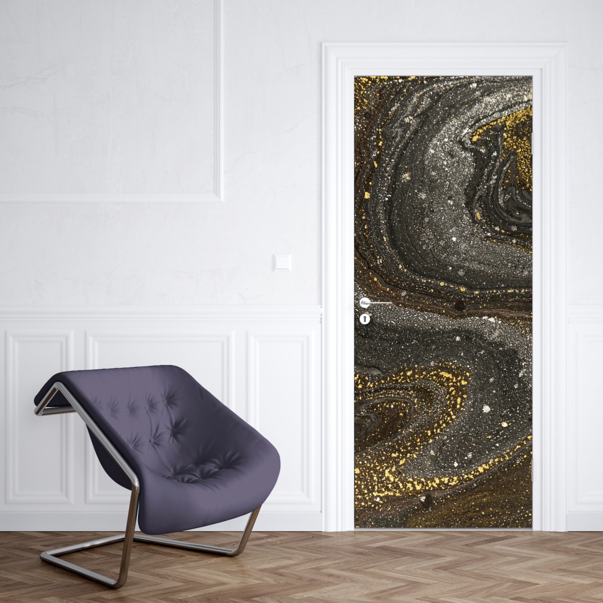 Naklejka na drzwi złoto-czarny marmurowy wir abstrakcyjny – Wallissimo® Naklejka na drzwi złoto-czarny marmurowy wir abstrakcyjny – Wallissimo®