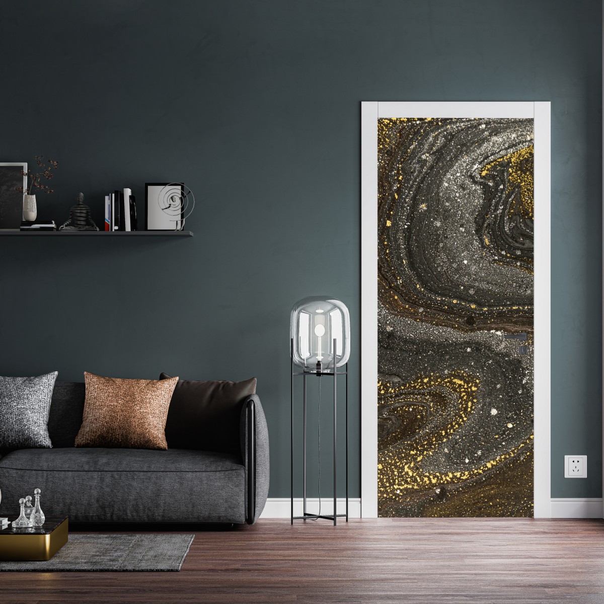 Naklejka na drzwi złoto-czarny marmurowy wir abstrakcyjny – Wallissimo® Naklejka na drzwi złoto-czarny marmurowy wir abstrakcyjny – Wallissimo®