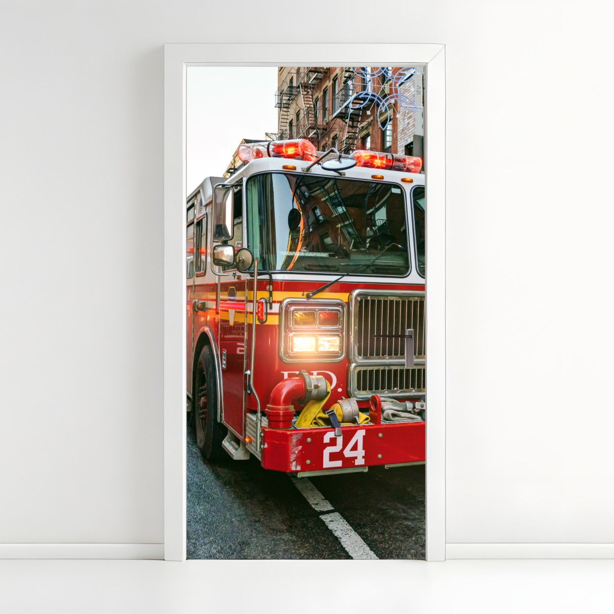 Door sticker fire engines on Manhattan street, New York