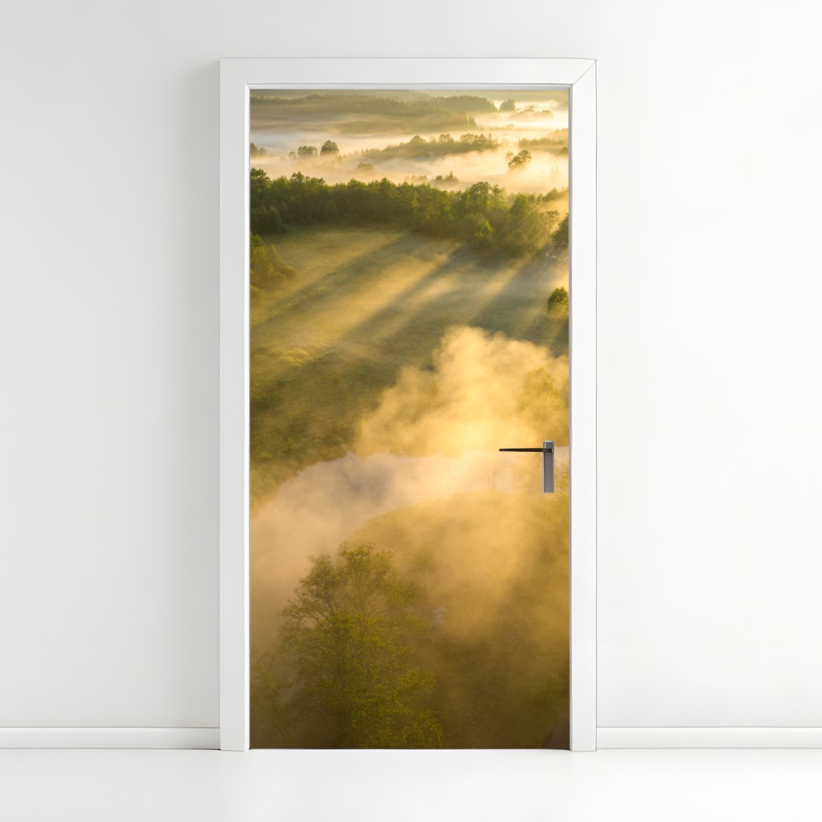 Door sticker golden morning over a misty river