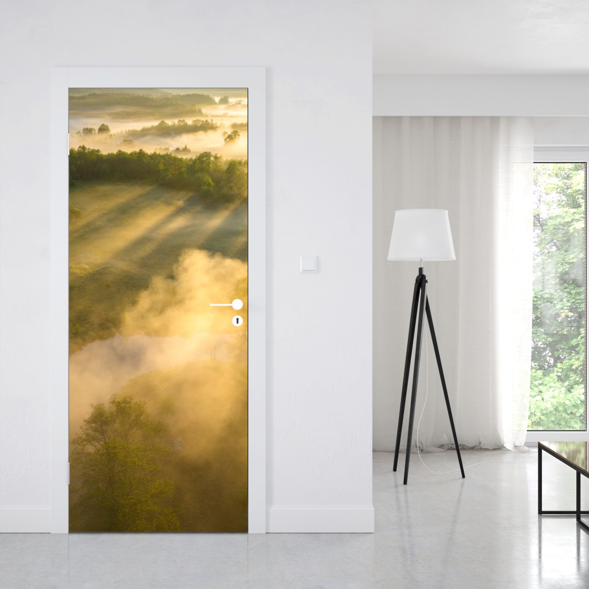 Naklejka na drzwi złote poranne światło nad mglistą rzeką – Wallissimo® Naklejka na drzwi złote poranne światło nad mglistą rzeką – Wallissimo®