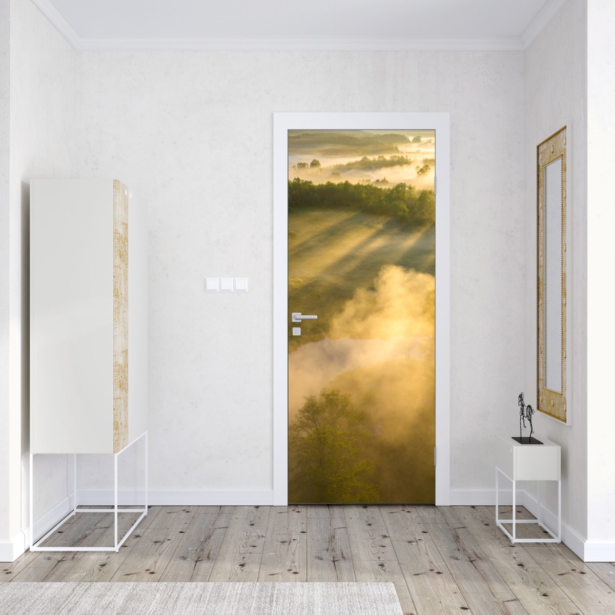 Naklejka na drzwi złote poranne światło nad mglistą rzeką – Wallissimo® Naklejka na drzwi złote poranne światło nad mglistą rzeką – Wallissimo®