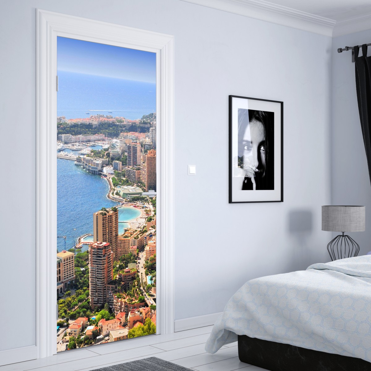 Naklejka na drzwi słoneczna panorama nadmorskiego miasta – Wallissimo® Naklejka na drzwi słoneczna panorama nadmorskiego miasta – Wallissimo®