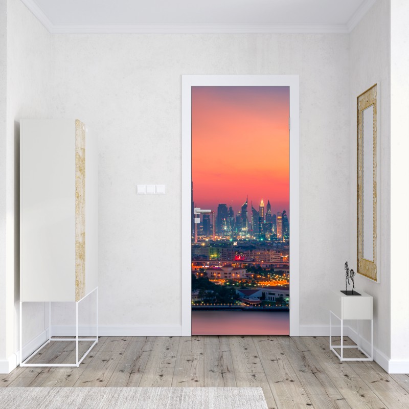 Naklejka na drzwi panorama Dubaju o zachodzie słońca – Wallissimo® Naklejka na drzwi panorama Dubaju o zachodzie słońca – Wallissimo®