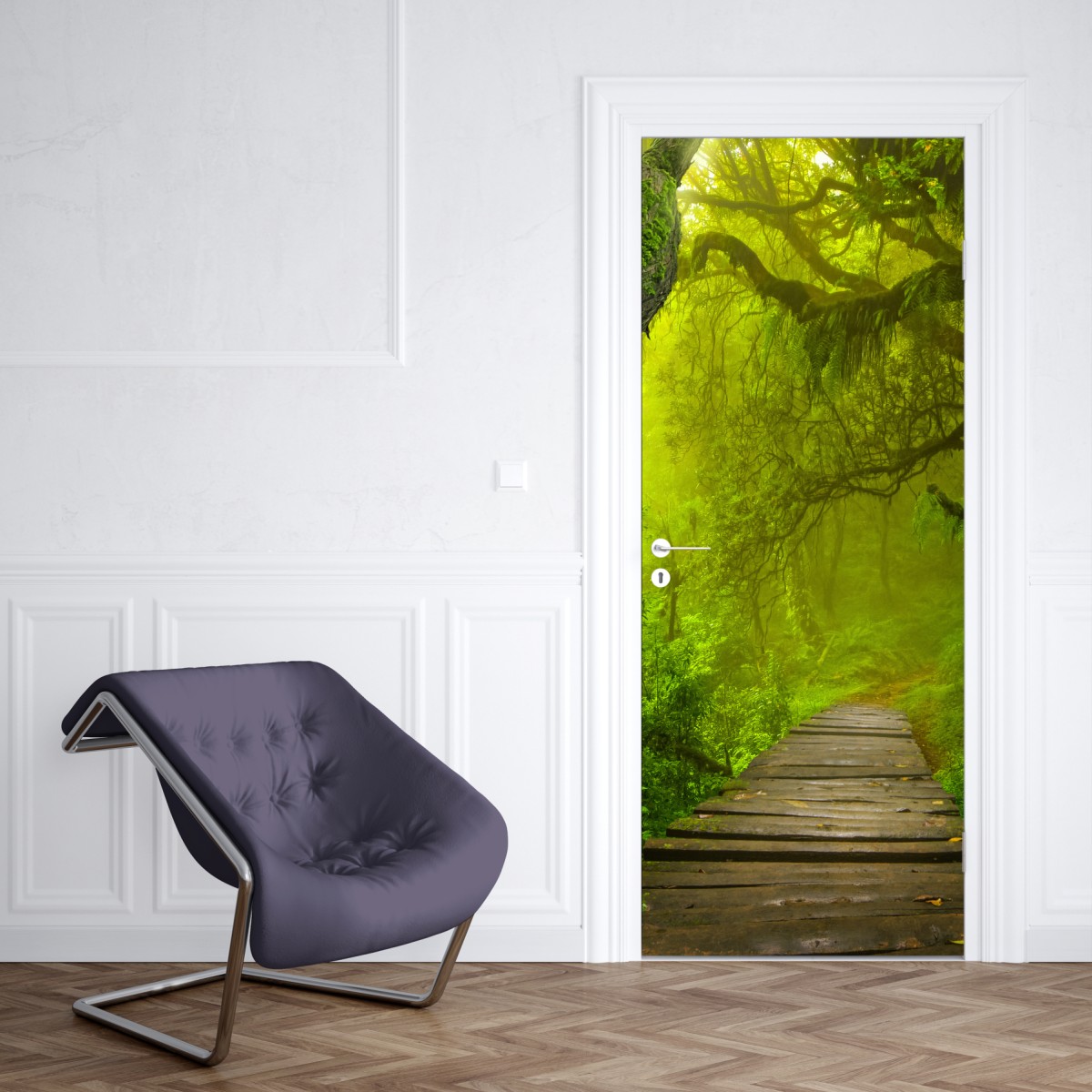 Naklejka na drzwi mistyczna zielona ścieżka w lesie – Wallissimo® Naklejka na drzwi mistyczna zielona ścieżka w lesie – Wallissimo®