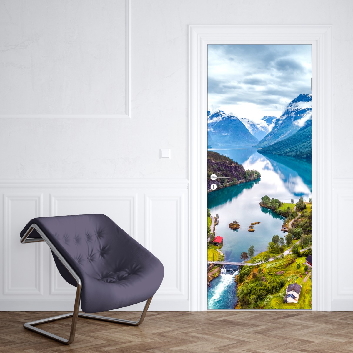 Naklejka na drzwi Norwegia fjord z lotu ptaka – Wallissimo® Naklejka na drzwi Norwegia fjord z lotu ptaka – Wallissimo®