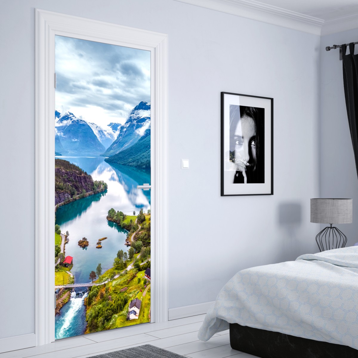 Naklejka na drzwi Norwegia fjord z lotu ptaka – Wallissimo® Naklejka na drzwi Norwegia fjord z lotu ptaka – Wallissimo®