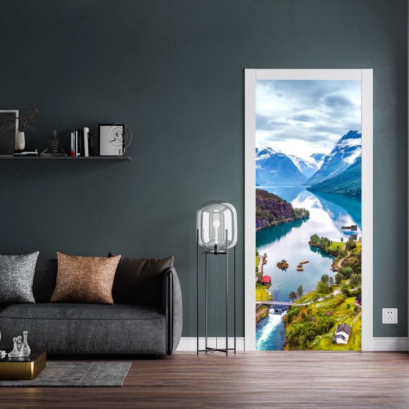 Naklejka na drzwi Norwegia fjord z lotu ptaka – Wallissimo® Naklejka na drzwi Norwegia fjord z lotu ptaka – Wallissimo®