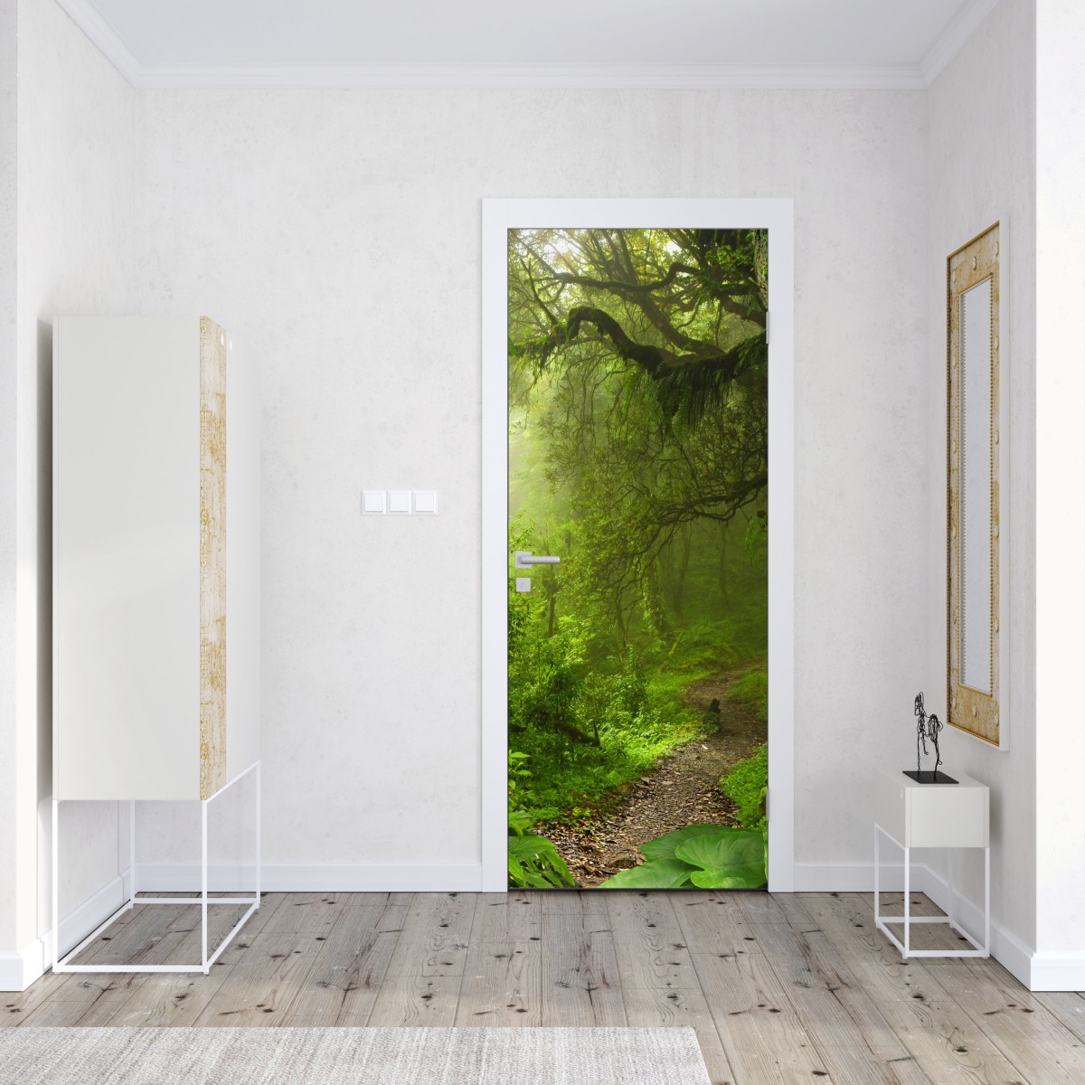 Naklejka na drzwi bujna mglista leśna ścieżka – Wallissimo® Naklejka na drzwi bujna mglista leśna ścieżka – Wallissimo®