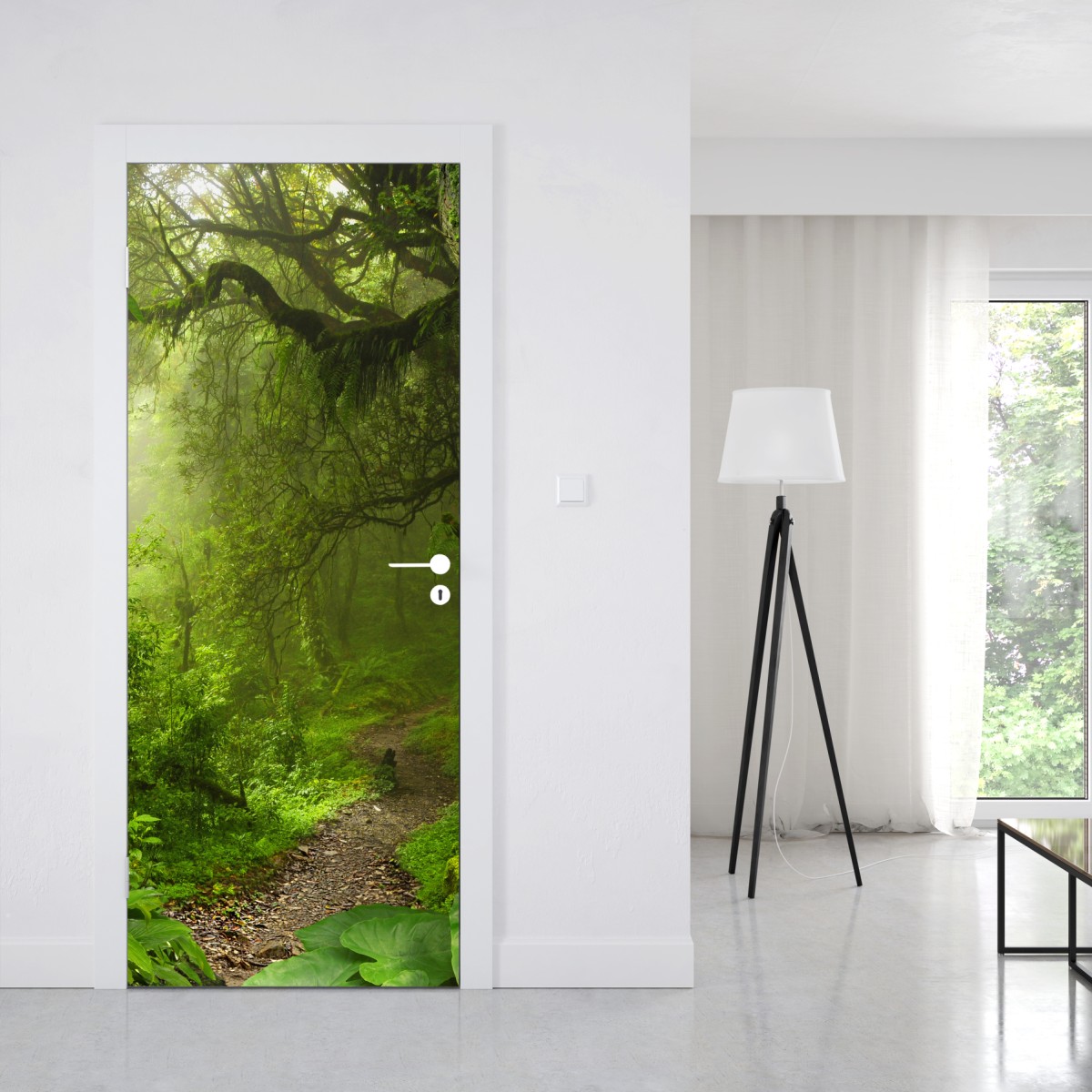 Naklejka na drzwi bujna mglista leśna ścieżka – Wallissimo® Naklejka na drzwi bujna mglista leśna ścieżka – Wallissimo®